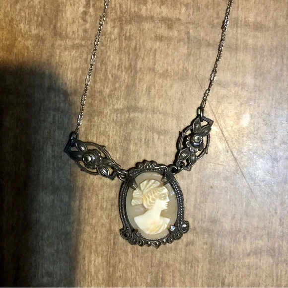 Antique Carved Shell Cameo Necklace, Sterling Silver with Marcasite Accents 💎🖤 - Picture 3 of 9